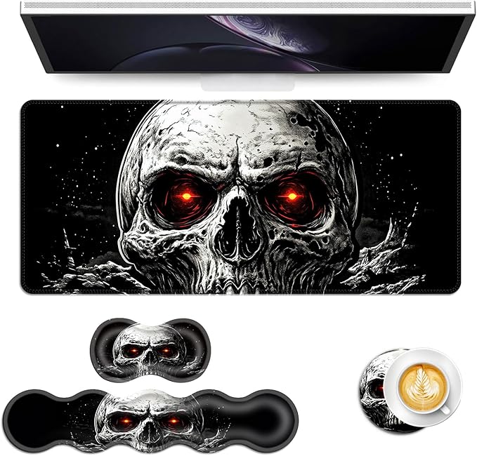 Keyboard Mouse Pad Set Extended Gaming Mouse Pad+Ergonomics Keyboard Wrist Rest Support Memory Foam Easy Typing Pain Relief 4Pcs XL Ultra Thick Desk MatRed Eyed Skull Dark
