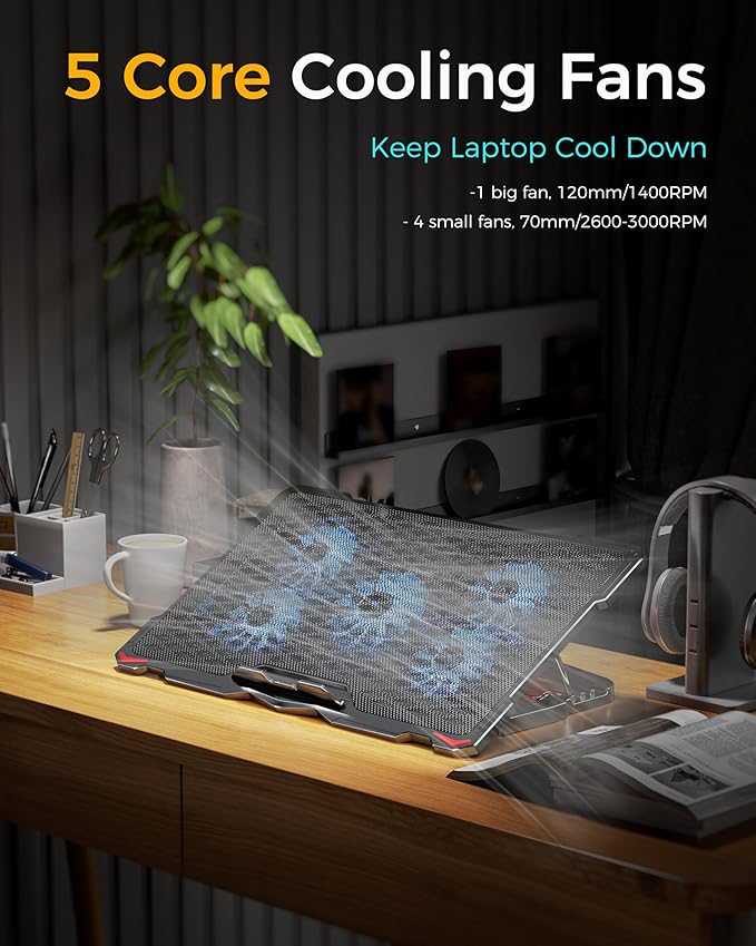 AICHESON Laptop Cooling Pad 5 Fans Up to 17.3 Inch Heavy Notebook Cooler Blue LED Lights 2 USB Ports S035 Blue-5fans