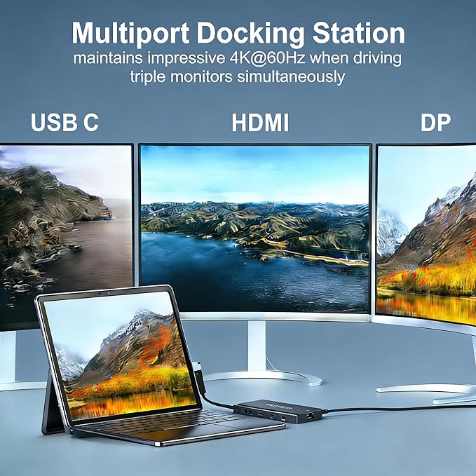 Laptop Docking Station 3 Monitors 4K@120Hz DisplayPort 4K@60Hz HDMI 4K@60Hz USBC12 in 1 USB C Video Output for Multiple Monitor Dock USB A 3.0 USB C 3.2 10Gbps Ports 100W PD SD/TF