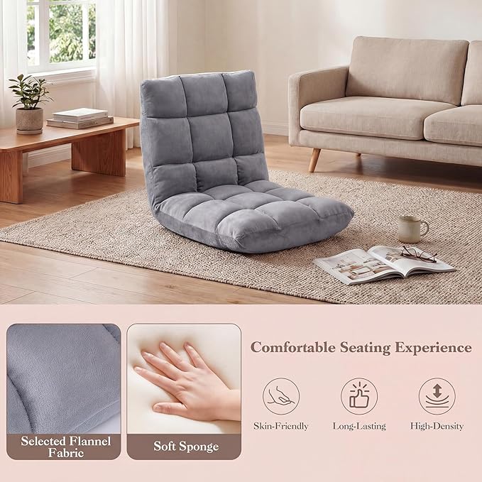 Giantex Floor Chair with 14-Position Adjustable Couch Recliner with Soft Flannel Fabric Cover Heavy Duty Metal Support Folding Gaming Floor Chair for Adults Reading (24” x 19.5” x 20”Gray)
