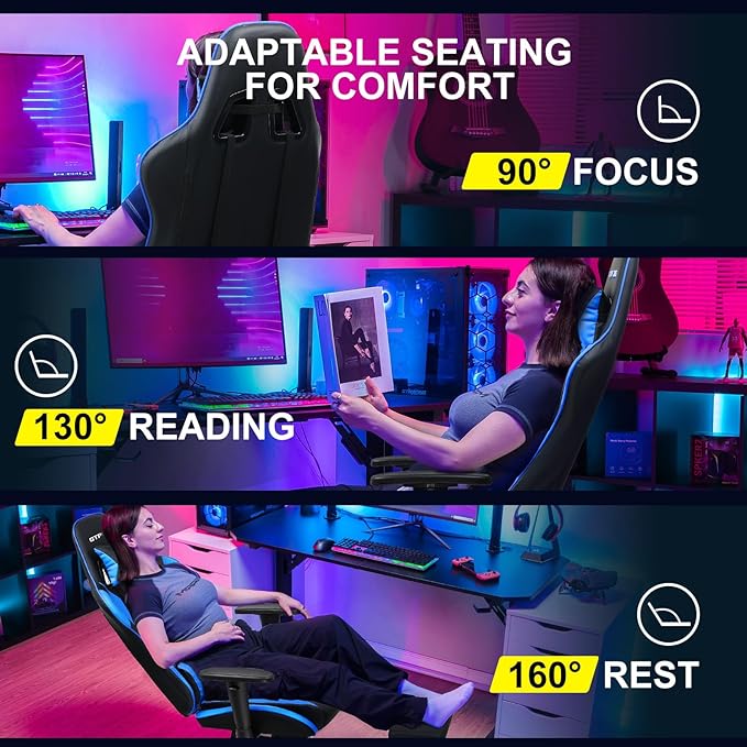 GTPLAYER Gaming Chair with Footrest Ergonomic Computer Game Desk Chair Reclining Gamer Chair Seat Height Adjustment Swivel Rocker with Headrest and Lumbar (Blue)