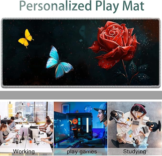 Large Gaming Mouse Pad + Keyboard Wrist Rest + Wrist Support + Coaster Set Memory Foam Ergonomic for Easy Typing XXL Extended Gaming Mouse Pad Table Pad - Starry Red Rose