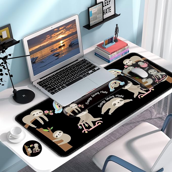 Desk Mat Set + Keyboard and Mouse Pad with Wrist Rest Support4-in-1 Large Mousepad Computer Mats for Desktop Home &amp Office -Sloths