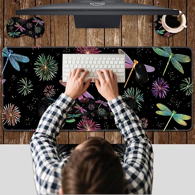 Ergonomic Keyboard Wrist Rest &amp Mouse Pad Wrist Rest SetXL Gaming Desk Mat 31.5x 11.8Non-Slip BaseMemory FoamEasy Typing Pain Relief for Office &amp HomeDragonflies and Fireworks