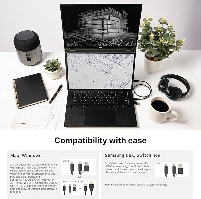 New Mobile Pixels Duex Float 2 Pro 2.5 K Portable Monitor 16 Laptop Screen Extender (Built-in Kickstand) USB C/HDMI Stacked Monitor Extender with Dual Speakers Windows MacOS Switch Android