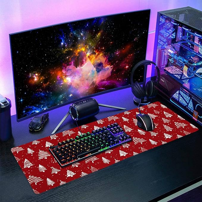 aportt Red Christmas Mouse Pad Christmas Tree Xmas Holiday Winter Extended Desk Mat 80X30 cm Non-Slip Rubber Base Stitched Edge Large XL Mousepad for Desk Gaming Laptop Desktop31.5×11.8 Inch