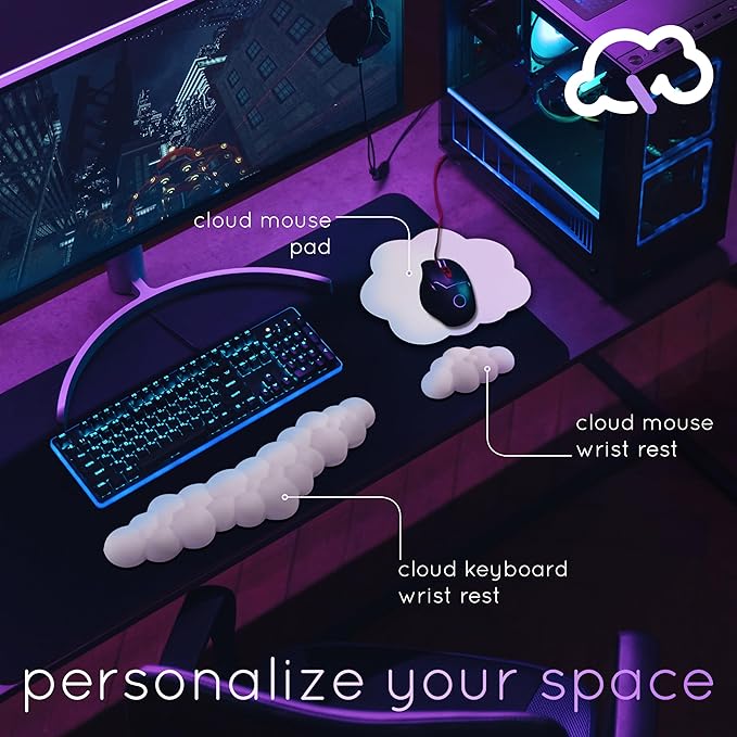 Qloud Cloud Wrist Rest Keyboard Wrist Rest for Computer Keyboard Pad Cloud Keyboard Wrist Rest Wrist Pad for Keyboard Memory Foam Non Slip Base Comes with Mouse Pad - Light Blue