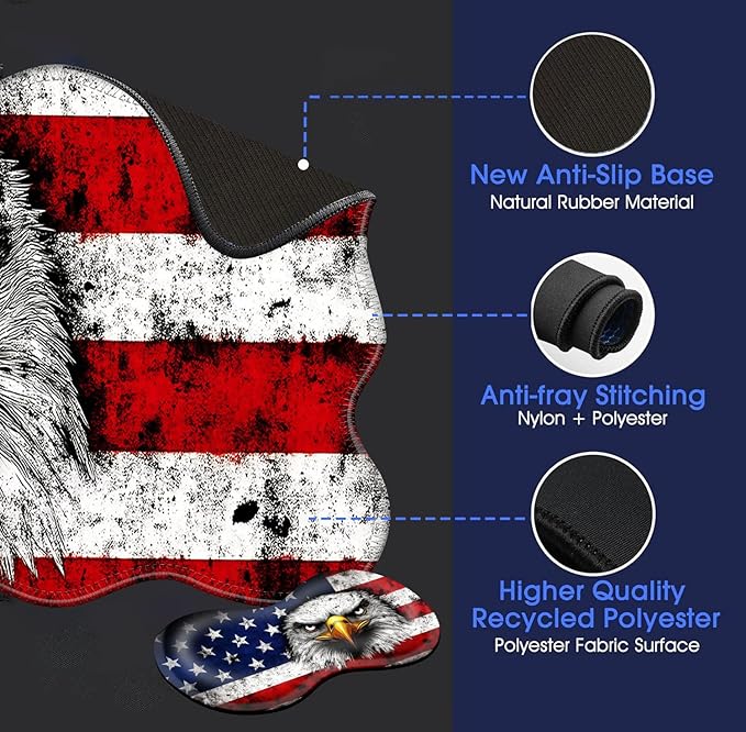 Large Mouse Pad and Keyboard Wrist Rest Desk Pad for Keyboard and Mouse 4-in-1 Large Gaming Mouse Pad with Wrist Support Desk Mat for Home Office Study Game-Bald Eagle American Flag