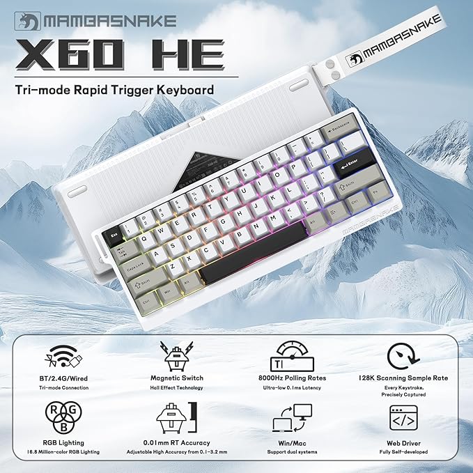 MAMBASNAKE X60 HE 60% Rapid Trigger Wireless Gaming KeyboardHall Effect Magnetic SwitchesAdjustable Actuation0.1ms Ultra-Low Latency 8KHz Polling Rate3-Mode RGBPBT Keycaps for Win/Mac-Star White