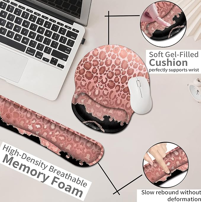 Ladies Desktop Mouse Pad with Wristband Soft Memory Foam Keyboard Wrist Rest Ergonomic Mouse Pad Coaster Keyboard Mousepad SetFashion Rose Gold Leopard Pattern and Black Marble Design