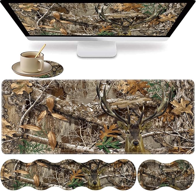 Large XXL Gaming Desk Mat 31.5x 11.8 Ergonomic Keyboard Wrist Rest &amp Mouse Pad Wrist Rest + Coaster Set Non-Slip Base Memory Foam Office and Home Camouflage Giraffe
