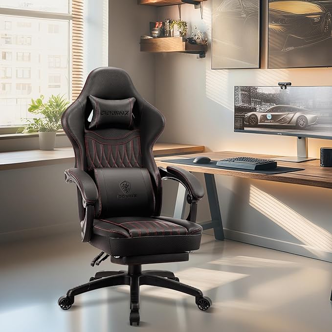Dowinx Gaming Chair Breathable PU Leather Gamer Chair with Footrest Massage Lumbar Support Big and Tall Ergonomic Reclining Computer Chair with Pocket Spring Cushion for Adults Teens(Black)
