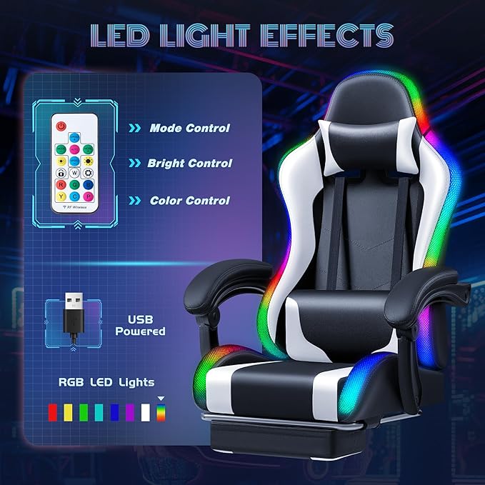Furmax Gaming Chair with RGB LED Lights Video Game Chair with Footrest and Massage Lumbar Support High Back Reclining Computer Chair with Headrest Swivel Seat Gamer Chair (LED White)