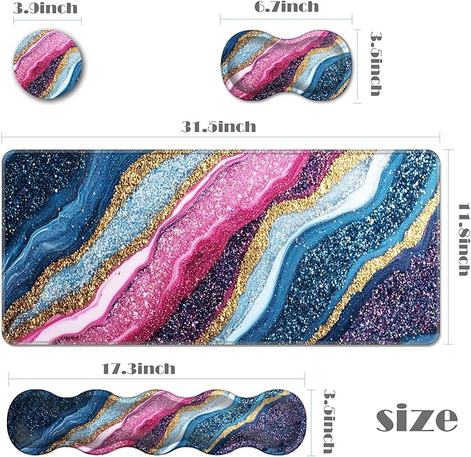 Ergonomic Keyboard Wrist Rest &amp Mouse Pad Wrist Rest SetXL Gaming Desk Mat 31.5x 11.8Non-Slip BaseMemory FoamEasy Typing Pain Relief for Office &amp HomePink Blue Gold Glitter