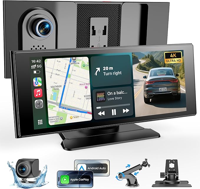 WonVon Wireless Car Play Screen 10.26'' Monitor with Apple Carplay &amp Android Auto 4K Dash Cam 64G 1080P Backup Camera Portable Smart Touch Tablet Stereo Multimedia Dashboard Bluetooth/FM/GPS/