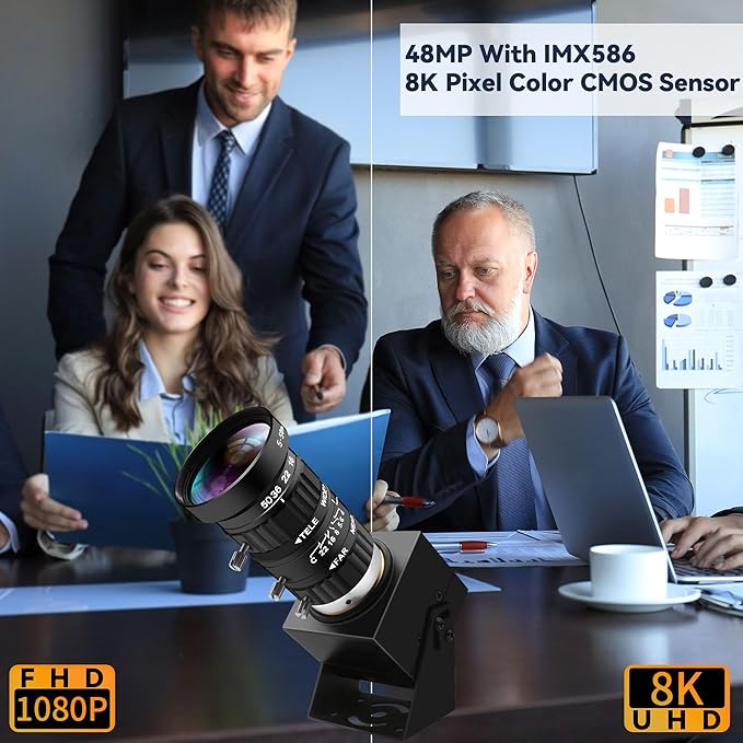 48MP USB Webcam 8K Ultra HD Color Camera with 5-50mm 10X Manual Optical Lens 6000P Industrial Security Video Camera Close-Up Zoom Function Plug-and-Play for Windows Linux Mac OS