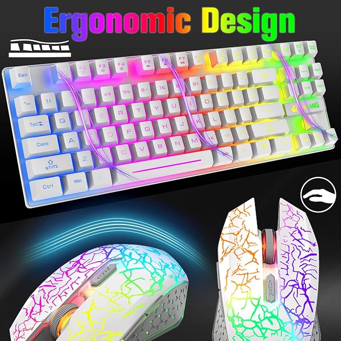 LexonElec Wireless RGB Backlit Gaming Keyboard Mouse ComboRechargeable 3800mAh Battery 87-Key Mechanical Feel Keyboard Quiet Mouse and Mouse Pad for Gamers and Office Typists(White)