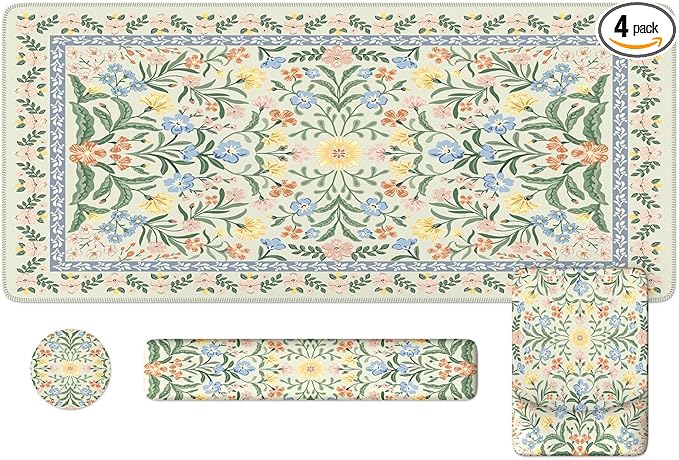 iLeadon Green Floral Desk Cover Mat Computer Mouse Pad and Keyboard Wrist Rest Non-Slip Base Keyboard Wrist Rest and Mouse Pad Set Office Desk Mat Cute for Women (Light Green)