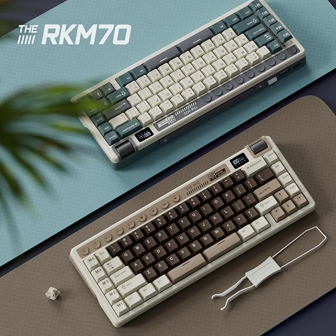 RK ROYAL KLUDGE M70 Wireless Mechanical Keyboard with Macro Keys 2.4GHz/Bluetooth/Wired 75% Gaming Keyboard with 6000mAh Battery Gasket-Mount Display &amp Knob RGB Hot-Swappable Soft Tactile Beige Sw