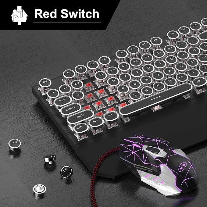 Retro Typewriter Keyboard and Mouse Combo Cute Black Keyboard with Linear Red Switches Full Size Wired Mechanical Gaming Keyboard Cool Light Up Keyboard and Mouse for GamingWorkMacPCWindows
