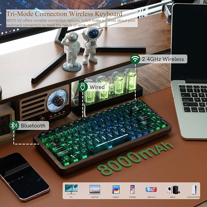 Womier 75% Mechanical Keyboard Wireless with QMK/VIA WD75 V2 Wood Gaming Keyboard 8000mAh Battery Tri-Mode Custom Key Board RGB Hot Swappable with Translucent Clear Keycaps-POM Linear Switch