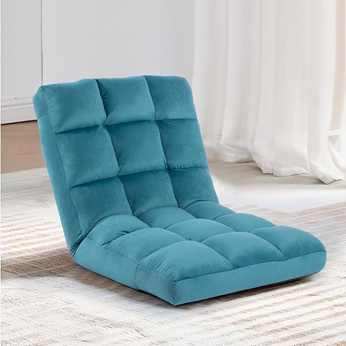 Floor Chair 24 inches Wide Oversized Velvet Armless Lay Flat Floor seat Padded Meditation Chair with 6 Adjustable Position Ergonomic Comfortable Convenient(LRSF-010-BLUE)