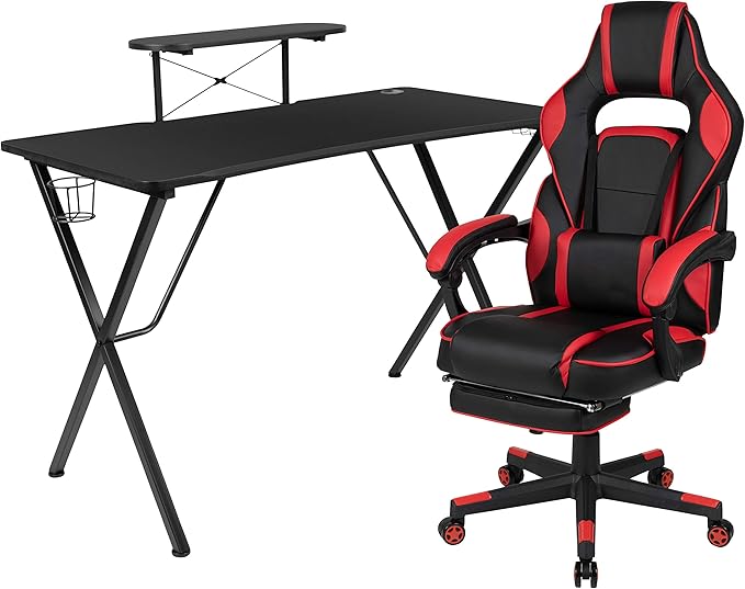 EMMA + OLIVER Gaming Bundle-Cup/Headphone Desk &amp Red Reclining Footrest Chair