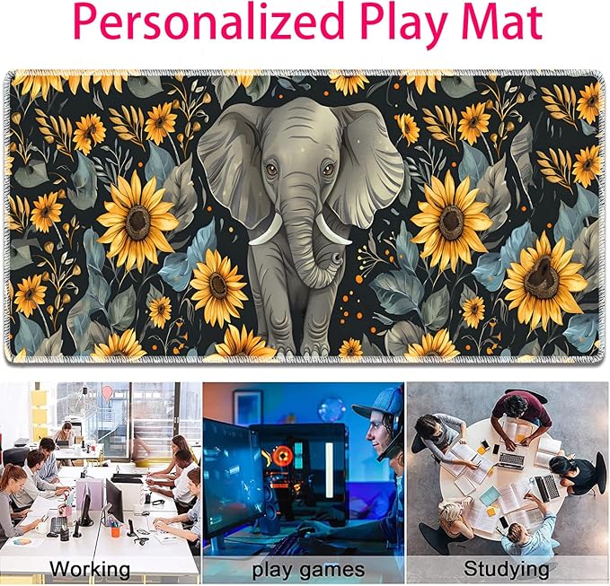 Large Gaming Mouse Pad + Mouse Wrist Rest Pad + Coaster Combination 31.5 x 11.8 Durable Non-Slip Extension Table Mat Suitable for Office and Home Baby Elephant and Sunflower