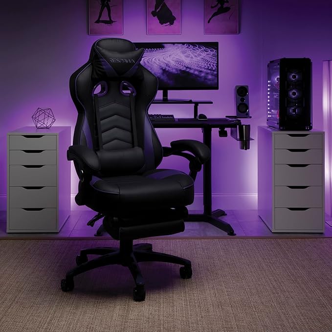 RESPAWN 110 Ergonomic Gaming Chair with Footrest Recliner - Racing Style High Back PC Computer Desk Office Chair - 360 Swivel Adjustable Lumbar Support Headrest Pillow Padded Armrests 2019 Purple