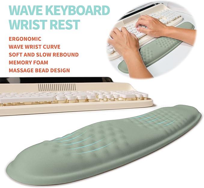 2-in-1 Ergonomic Set Wave Rise Keyboard Wrist Rest and Massage Bulge Slope Mouse Pad Wrist Support Cushion Memory Foam Integrated to Relieve Wrist Pain Light Green