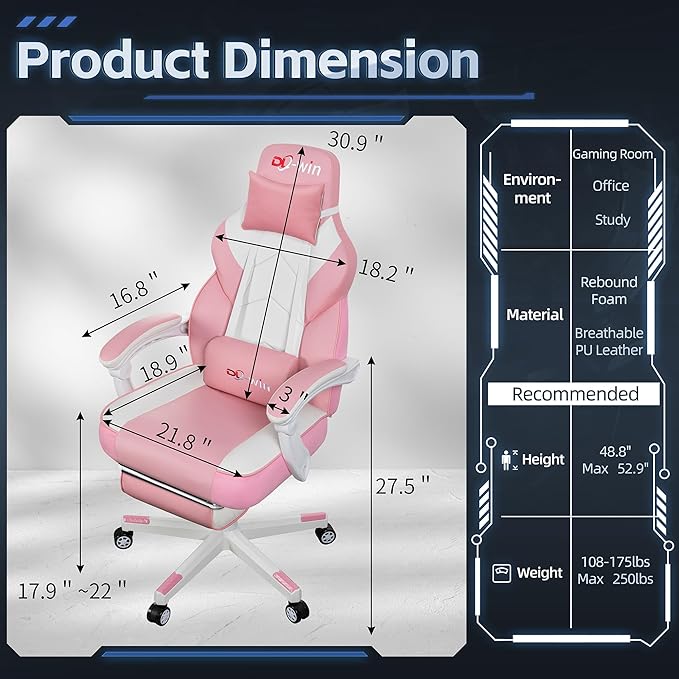 Video Gaming Chairs for Adults Gamer Chair with Footrest High Back Big and Tall Gamer Chair‘s with Massage Lumbar Support 360° Swivel Height Adjustable Computer Chaires Pink