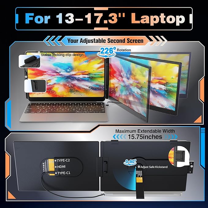 Laptop Screen Extender 14 Ultra Thin 0.27'' FHD 1080P Portable Monitor for Laptop 13-17.3 Plug n Play Extra Monitor Extender Eye Care Second Screen for MacBook/Windows/Android/Switch/PS5
