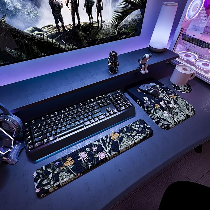Ospelelf Ergonomic Keyboard Wrist Rest and Large Mousepad with Wrist Rest Support for Computer Gaming Flower