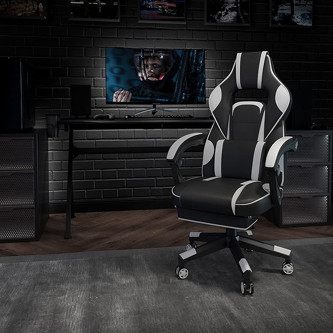 EMMA + OLIVER White Ergonomic Gaming Chair - Reclining Back/Arms Footrest Massaging Lumbar