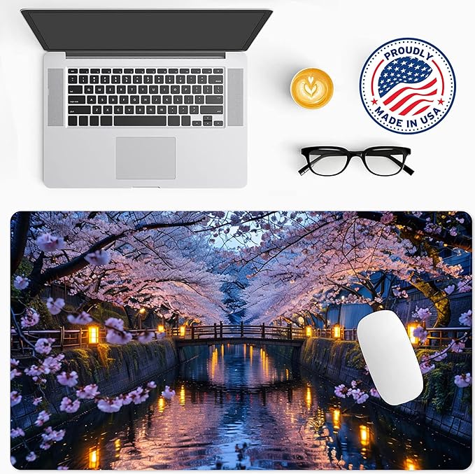 Serene Cherry Blossom Bridge Desk Mat Tranquil Nightscape Large Gaming Mouse Pad Non-Slip Waterproof Office Desk Mat for Workstation Japanese Garden-Inspired Desktop Decor 31 x 15in