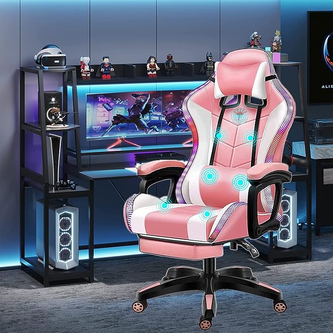 XOOFMASS Gaming Chair with Speakers Video Game Chair with RGB Light Ergonomic Massage Office Chair PU Leather Recliner Computer Chair E-Sports Chair with Headrest Armrest Lumbar SupportPink