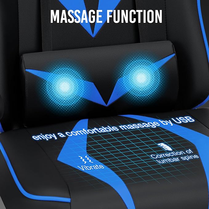 Gaming Chair with Massage Pocket Spring Cushion 155° Reclining Gaming Chair with Footrest and Adjustable Armrests Ergonomic Video Game Chairs Blue and Black