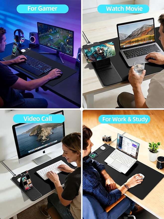 Mouse Pad with Magnetic Wireless Charging &amp Adjustable Phone Stand 31.5x15.8 Extended Desk Mat Waterproof Ultra-Smooth Keyboard Pad Non-Slip Base with 20W PD Adapter Black