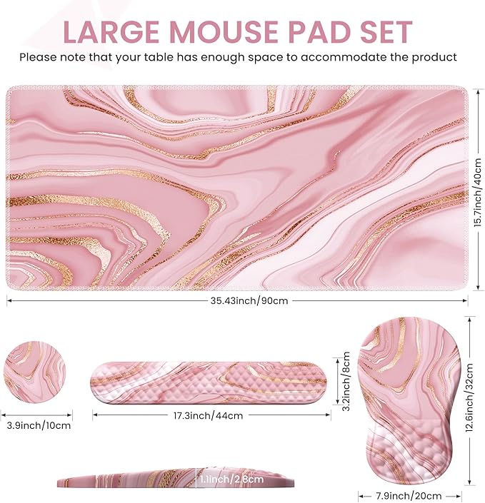 Pink Desk Mat Desk Mat for Mouse Computer Mats Rose Gold Mouse Pad and Keyboard Wrist Rest Memory Foam Wrist Rest for Mouse (Rose Gold Pink)