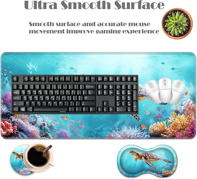 Ergonomic Keyboard Wrist Rest &amp Mouse Pad Wrist Rest SetXL Gaming Desk Mat 31.5x 11.8Non-Slip BaseMemory FoamEasy Typing Pain Relief for Office &amp HomeSea Turtle with Tropical Fish