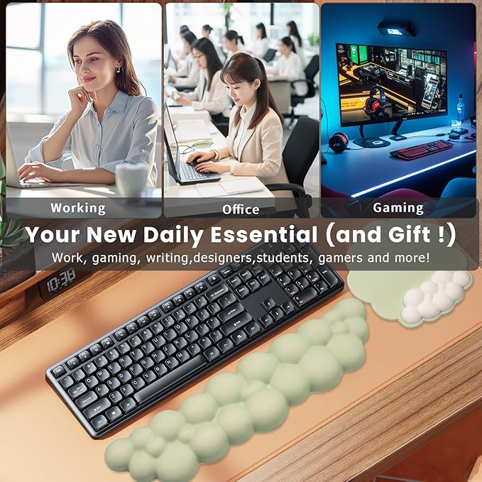Ergonomic Mouse Pad and Keyboard Wrist Rest - Green Cloud Wrist Rest Keyboard with Mouse Wrist Pad Sets Soft Memory Foam Wrist Support for Laptop Mac Office Work Gaming