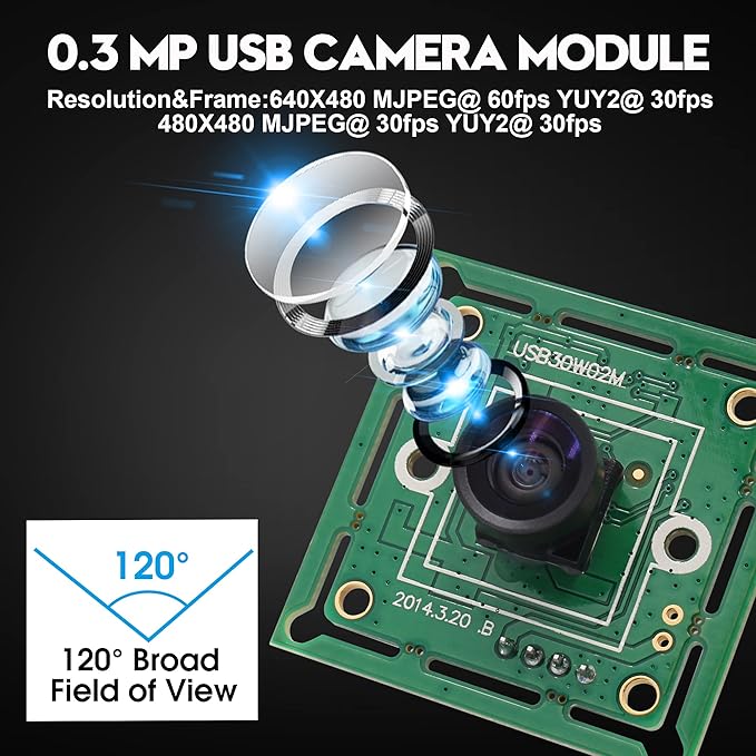 USB Camera Module 120 Degree Wide Angle Lens 60fps High Speed 10.2Inch Mini Webcam for Industrial Machine Supports Most OS with 3.3ft/1m Cable for Raspberry Pi Jetson Nano