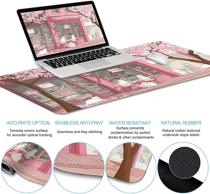 Anime Cat Mouse Pad Set XXL Gaming Mouse Pad with Wrist Rest Keyboard Mat Cat Coaster Cute Office Desk Decor Accessories Pink Lycra