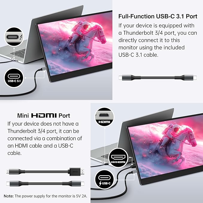 14 Inch Portable Monitor FHD 1920x1200 IPS16:10 Display with Built-in Kickstand USB-C/HDMI Plug and Play Compatible with Laptop PC Mac Mobile PS5 PS4 Xbox Switch