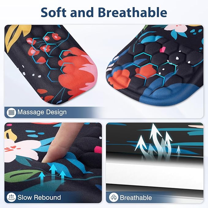 EYROZILL 3 in 1 Ergonomic Mouse Pad and Keyboard Wrist Rest Cute Mouse Pad with Wrist Support Massage Design Non-Slip Wrist Pad for Mouse Desk Mouse Set(Flower)