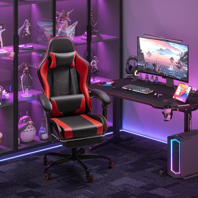 Homall Gaming Chair Video Game Chair with Footrest and Massage Lumbar Support Ergonomic Computer Chair Height Adjustable with Swivel Seat and Headrest (Red)