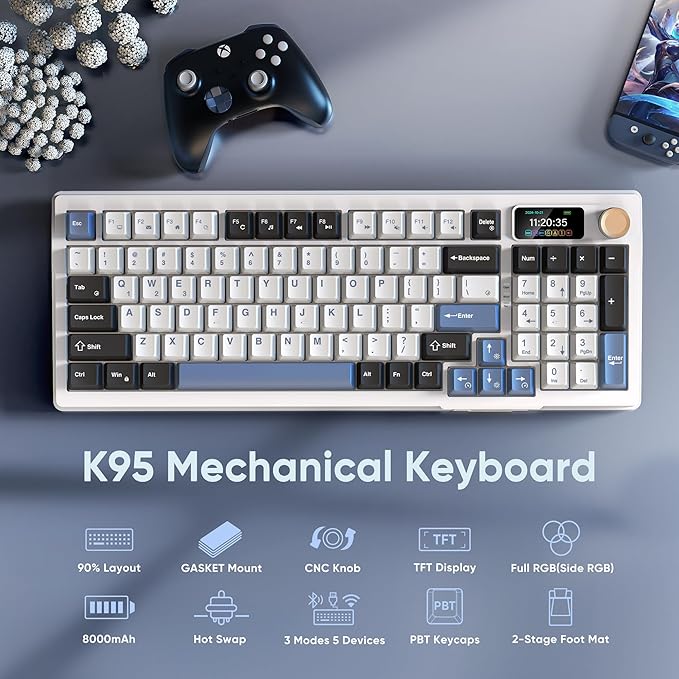 RedThunder K95 Wireless Mechanical Keyboard TFT Screen &amp Knob Tri-Mode BT5.0/2.4GHz/USB-C Hot Swappable Custom Pre-lubed Linear Switches Gasket Structure RGB Gaming Keyboard Snowy White-Blue
