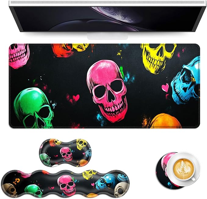 Keyboard Mouse Pad Set Extended Gaming Mouse Pad+Ergonomics Keyboard Wrist Rest Support Memory Foam Easy Typing Pain Relief 4Pcs XL Ultra Thick Desk MatColorful Skulls and Hearts
