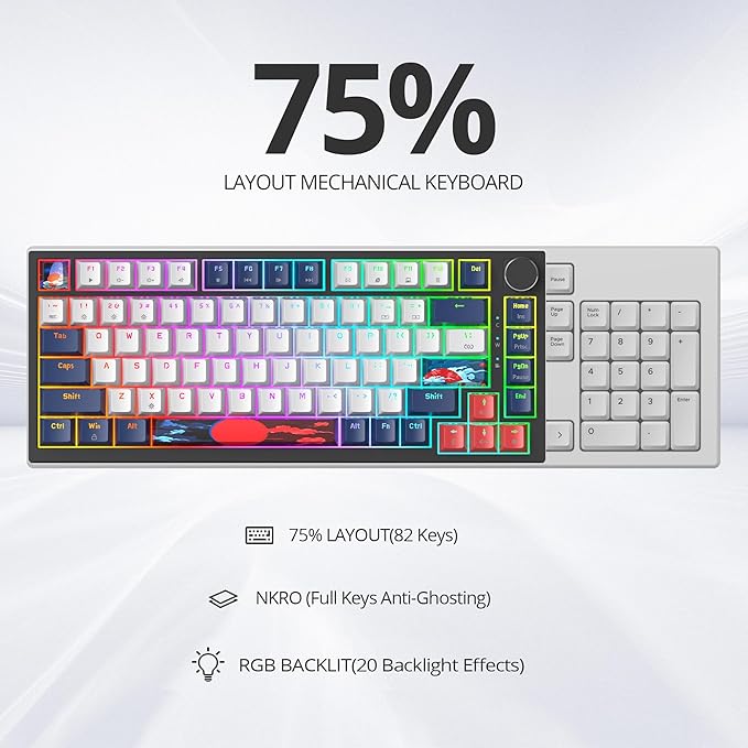 75% TKL Wired Mechanical KeyboardRGB Backlit Gasket Mount 82 Key Hot Swappable Custom Linear Red Switch Gaming Keyboard with Volume Knob &amp PBT Keycaps (82 White Earth)