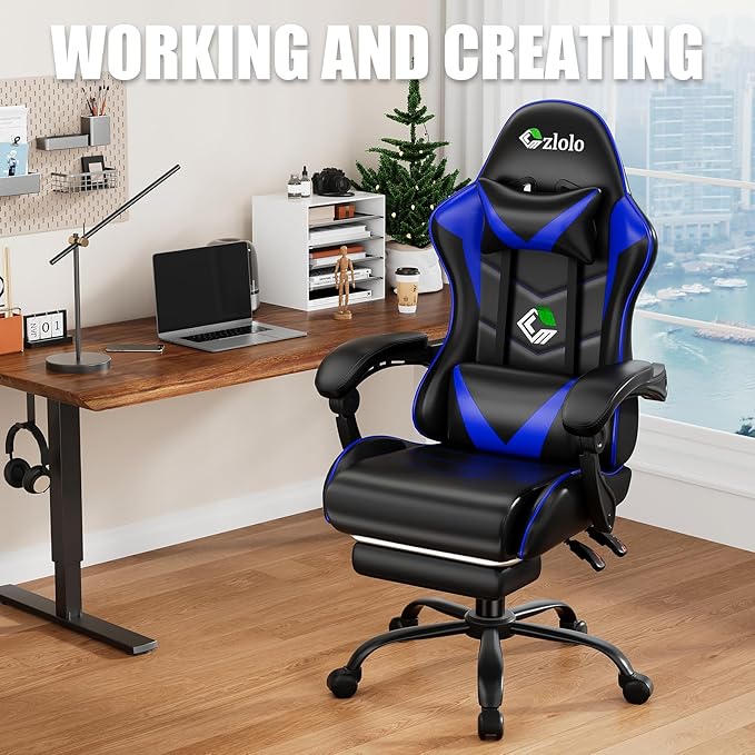 Gaming Chair with Footrest Racing Style Lumbar Support Massager Video Game Chair with Metal Legs High Back Reclining Gamer Chair with Headrest 360° Swivel Office Computer Desk Chair (Blue)